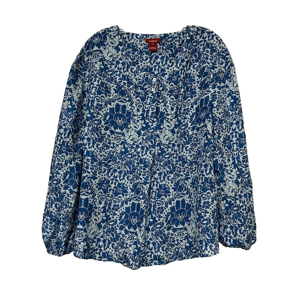Sundance Top XL 100% Silk Long Sleeve Blouse Boho Floral Print V-Neck Boho Beach